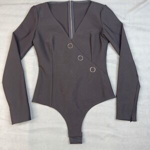 MISBHV Black V-Neck Long Sleeve Bodysuit Asymmetric Ring Detail Back Zip Small